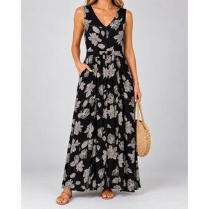 Roxy Black Floral Maxi Dress Womens Small V Neck Sleeveless Pockets Boho